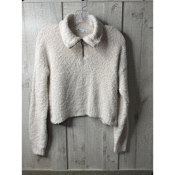 Hollister Sherpa Pullover Fuzzy Crop Sweater Womens Size S Beige Zip Mock Collar - Picture 1 of 7